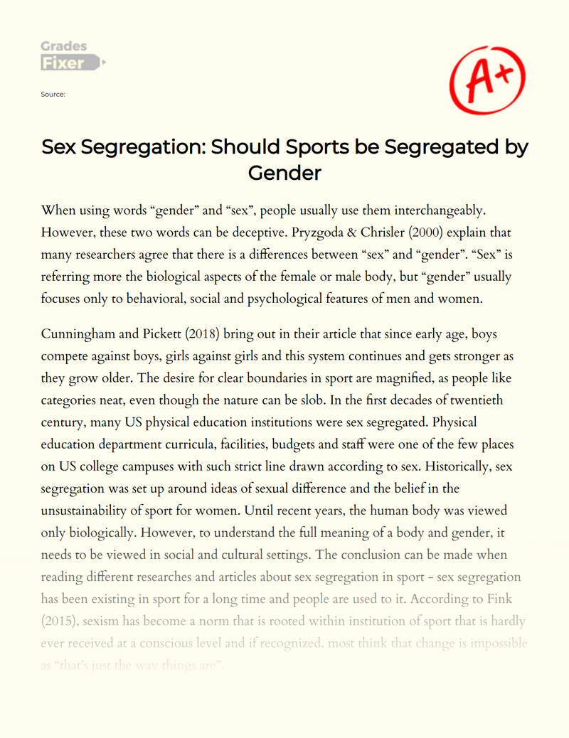 Sex Segregation Should Sports Be Segregated By Gender [essay Example] 853 Words Gradesfixer