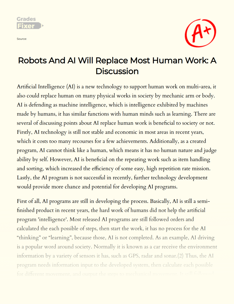 Robots and Ai Will Replace Most Human Work: a Discussion Essay