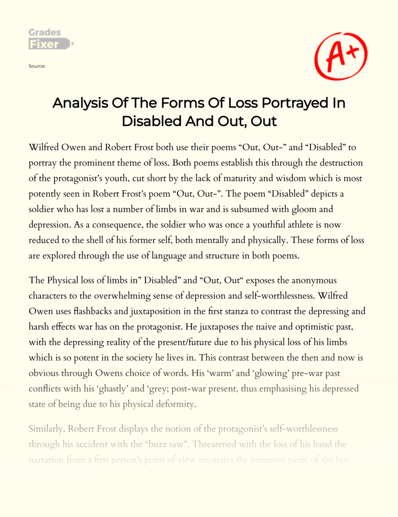 Analysis of The Forms of Loss Portrayed in Disabled and Out, Out Essay