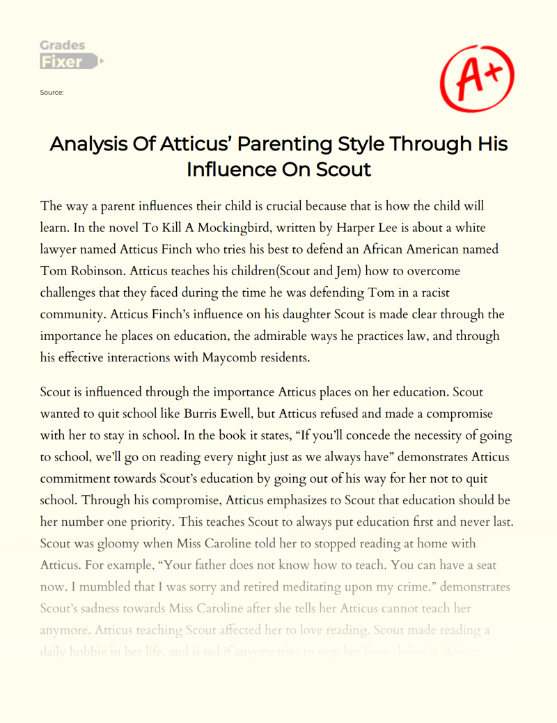 Analysis of Atticus’ Parenting Style Through His Influence on Scout Essay