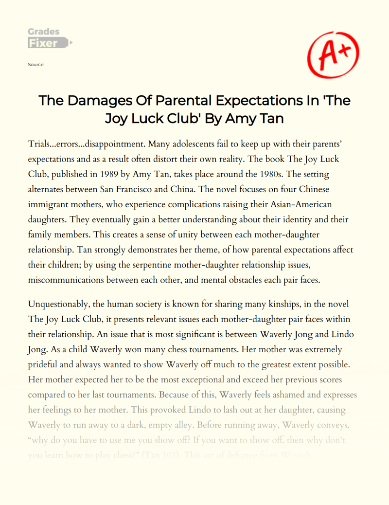 The Damages of Parental Expectations in 'The Joy Luck Club' by Amy Tan Essay