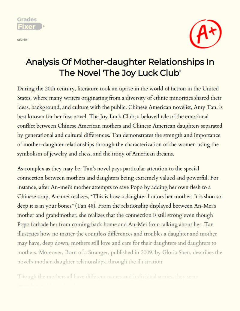 Mother-daughter Relationships in The Joy Luck Club by Amy Tan Essay