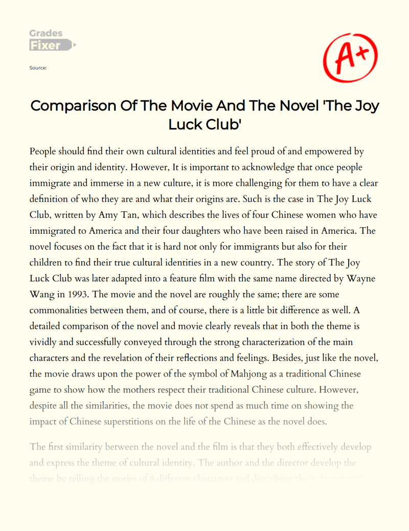 Comparison of The Movie and The Novel 'The Joy Luck Club' Essay
