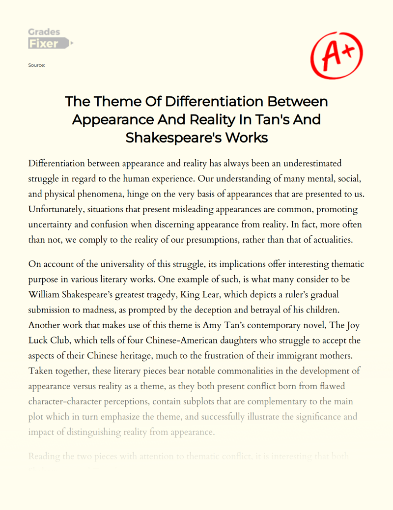The Theme of Differentiation Between Appearance and Reality in Tan's and Shakespeare's Works Essay