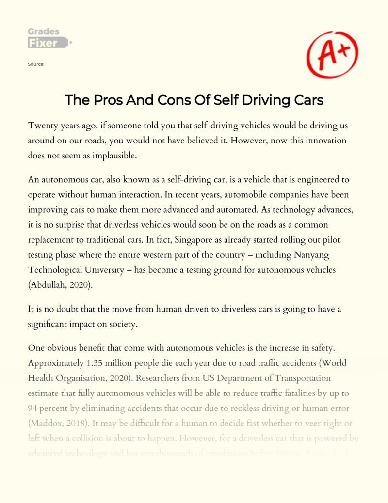 pros and cons of self driving cars essay
