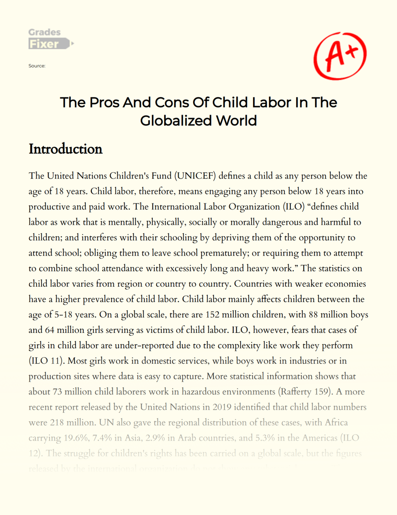The Pros and Cons of Child Labor in The Globalized World Essay