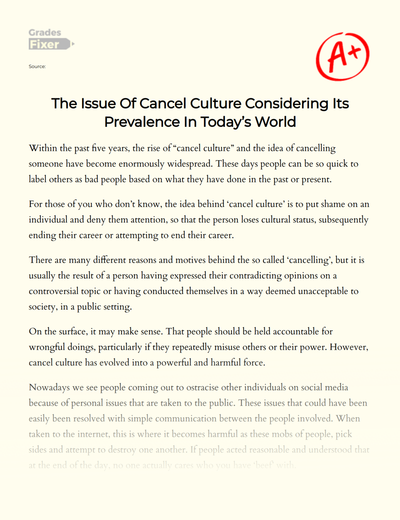 The Issue of Cancel Culture Considering Its Prevalence in Today’s World Essay