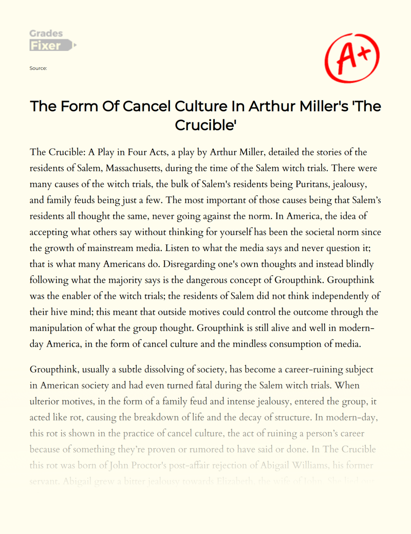 The Form of Cancel Culture in Arthur Miller's 'The Crucible' Essay