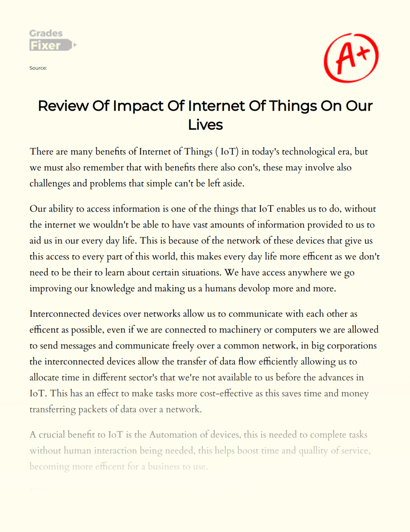 Review of Impact of Internet of Things on Our Lives Essay