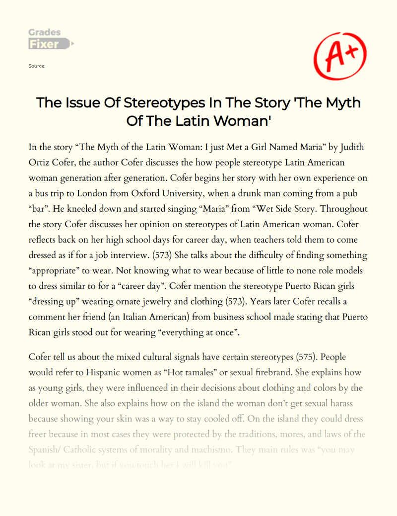 The Issue of Stereotypes in The Story 'The Myth of The Latin Woman' Essay