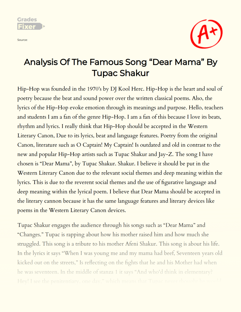 Analysis of The Famous Song "Dear Mama" by Tupac Shakur Essay
