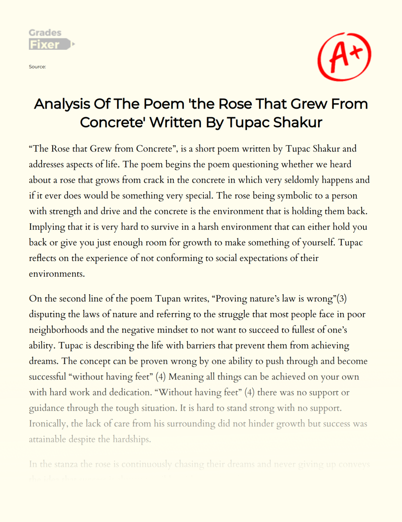 Analysis of The Poem 'The Rose that Grew from Concrete' Written by Tupac Shakur Essay