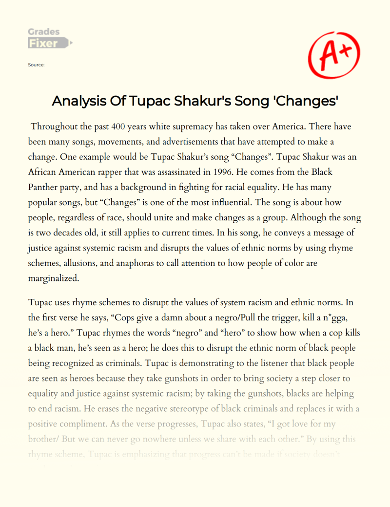 Analysis of Tupac Shakur's Song 'Changes' Essay