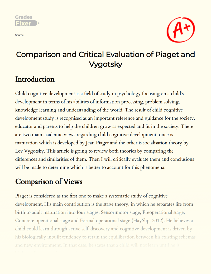 Comparison and Critical Evaluation of Piaget and Vygotsky Essay