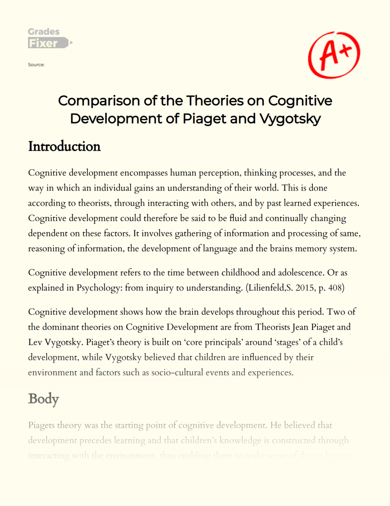 Comparison of The Theories on Cognitive Development of Piaget and Vygotsky Essay