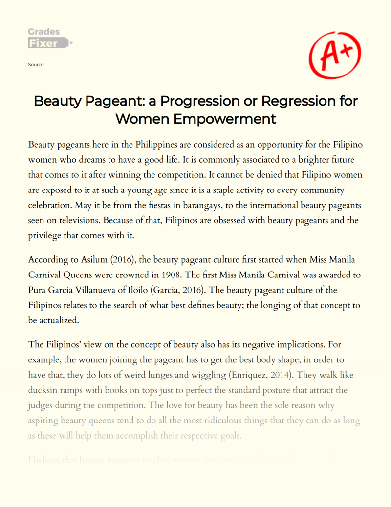 Beauty Pageant: a Progression Or Regression for Women Empowerment Essay
