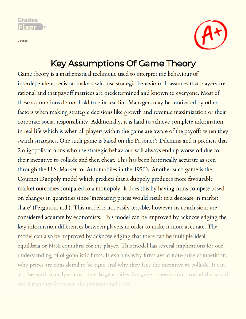 Key Assumptions of Game Theory Essay