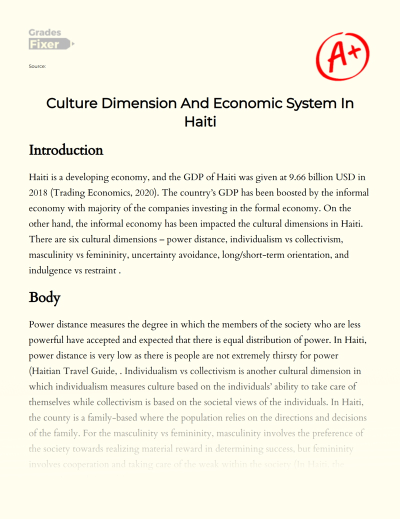 Culture Dimension and Economic System in Haiti Essay