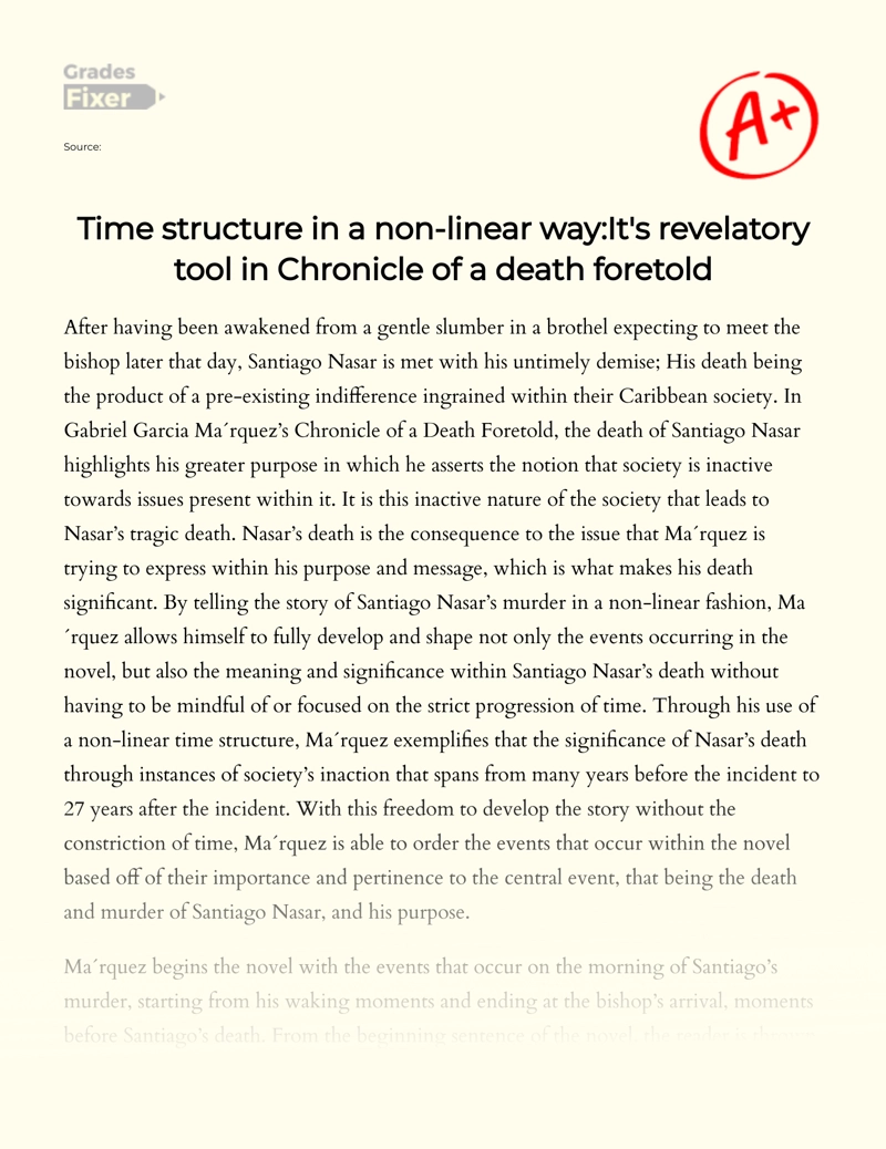 Time Structure in a Non-linear Way in "Chronicle of a Death Foretold" Essay