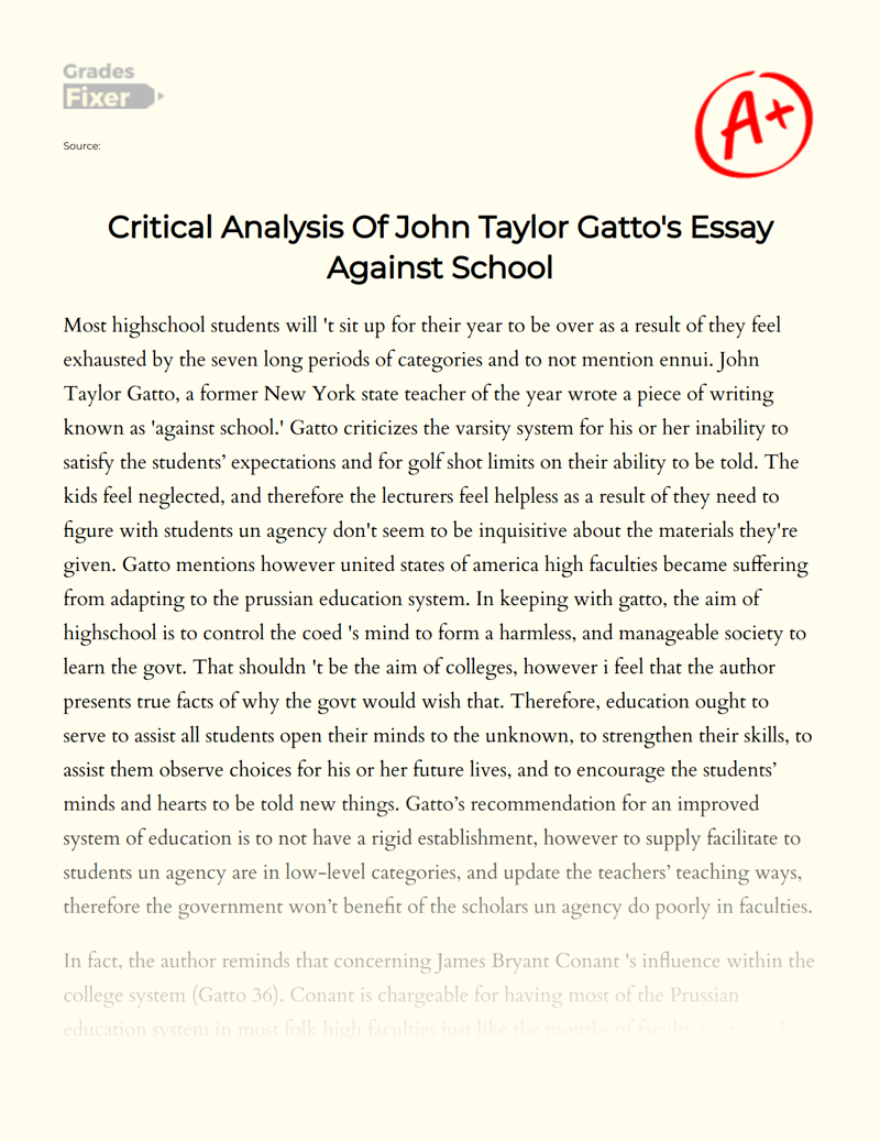 Critical Analysis of John Taylor Gatto's Against School Essay