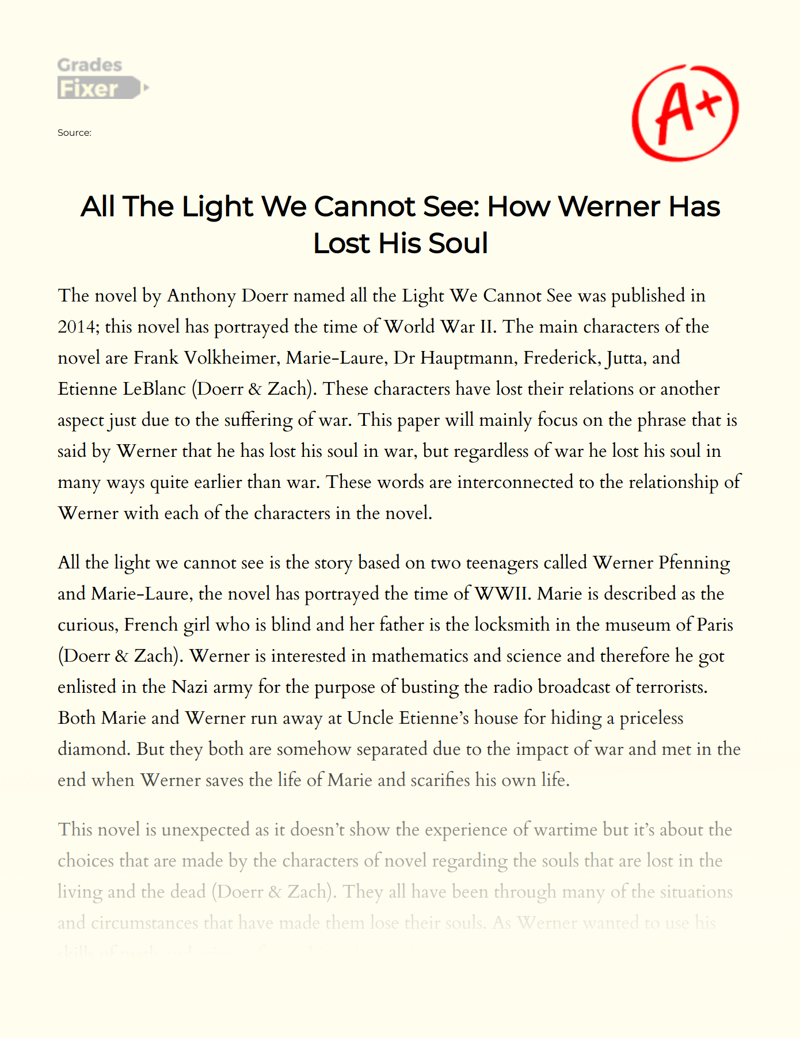 All The Light We Cannot See: How Werner Has Lost His Soul Essay