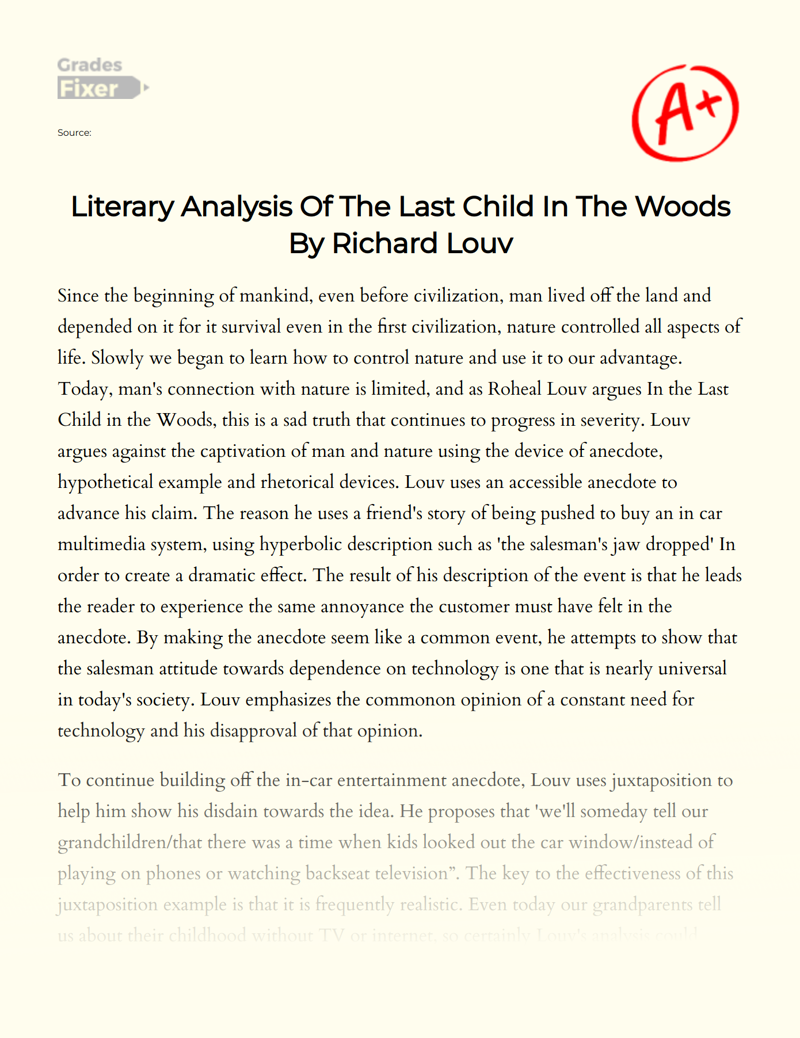 Literary Analysis of The Last Child in The Woods by Richard Louv Essay