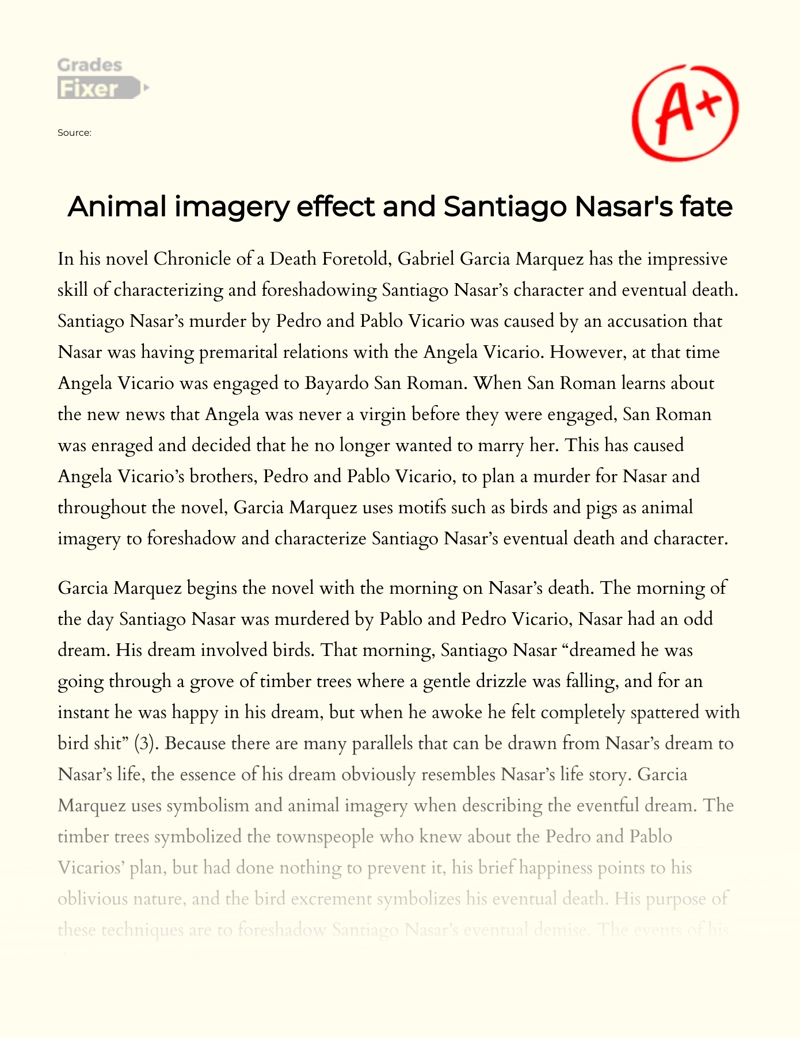 Animal Imagery and Santiago Nasar's Fate in Chronicle of a Death Foretold Essay