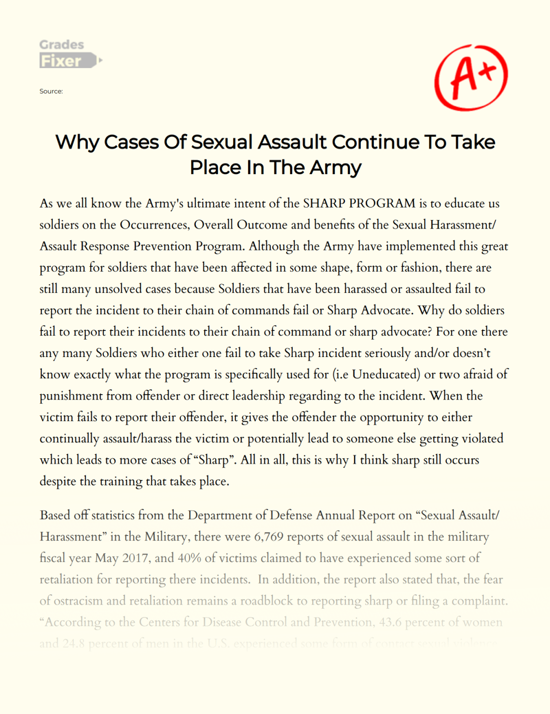 Why Cases of Sexual Assault Continue to Take Place in The Army Essay