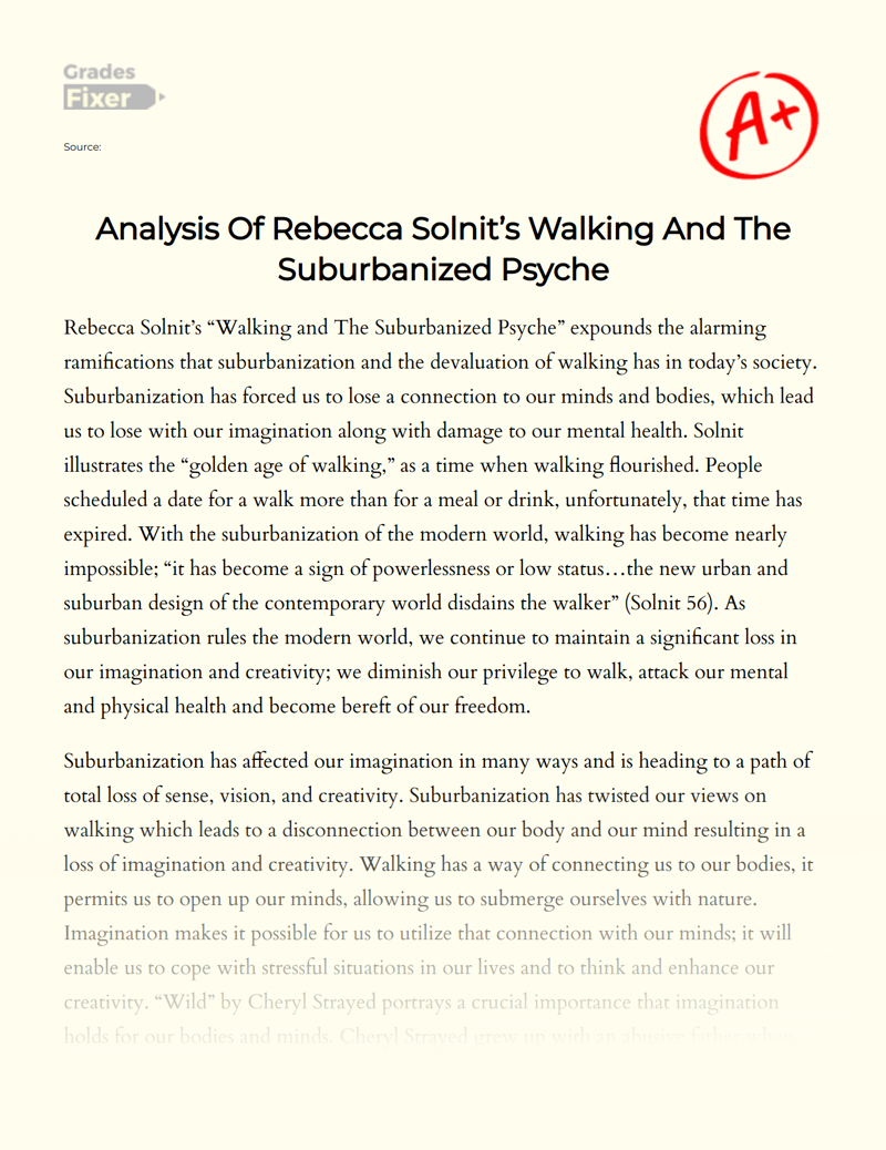 Analysis of Rebecca Solnit’s Walking and The Suburbanized Psyche Essay