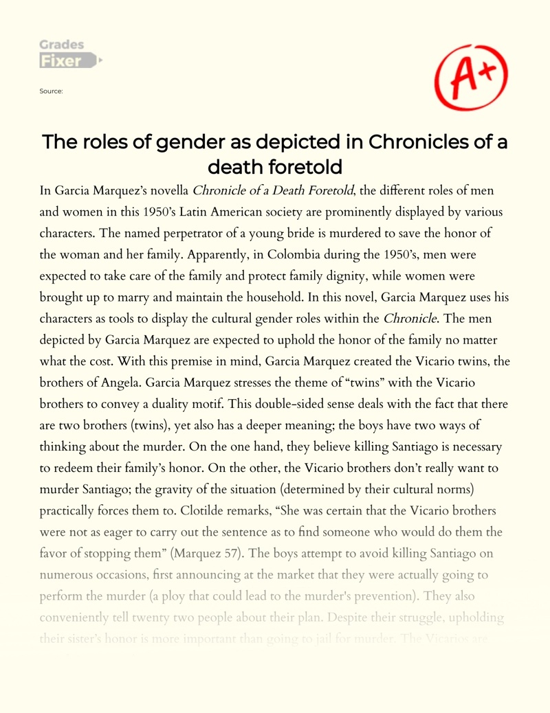 The Roles of Gender as Depicted in "Chronicles of a Death Foretold" Essay