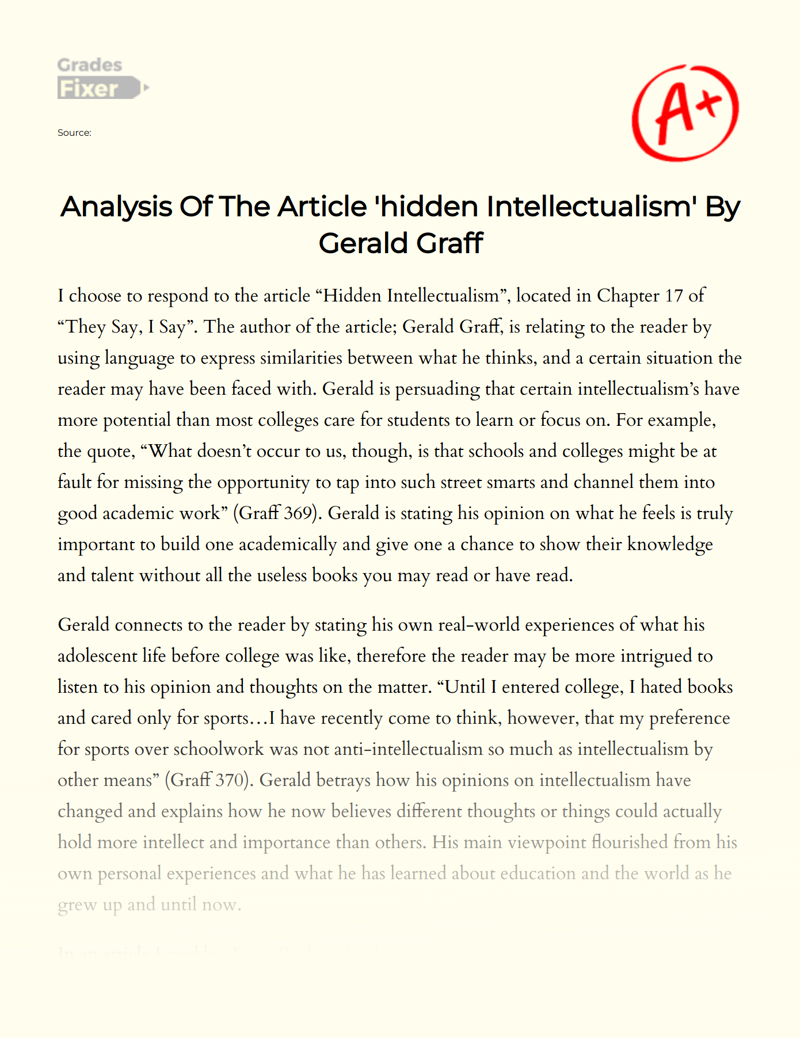 Analysis of The Article 'Hidden Intellectualism' by Gerald Graff Essay