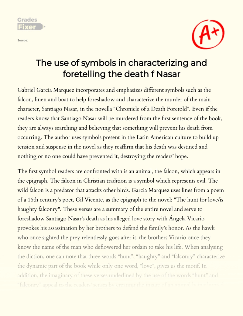 The Use of Symbols in Characterizing and Foretelling The Death of Nasar essay
