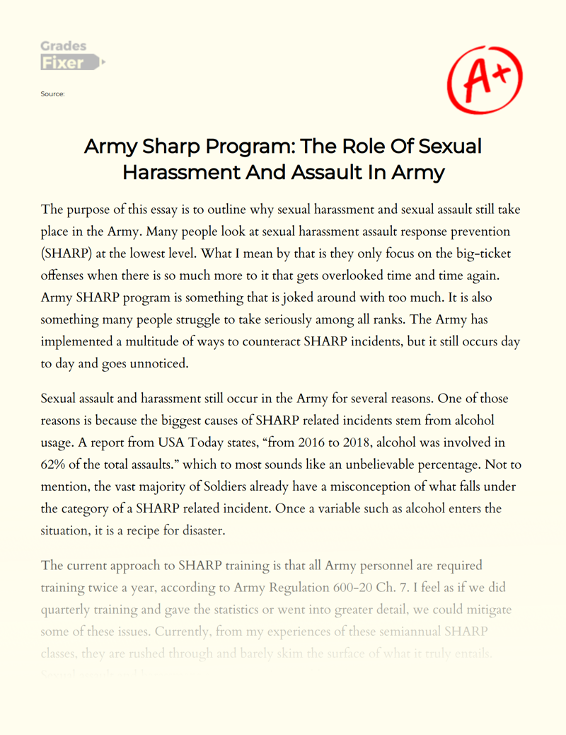 Army Sharp Program: The Role of Sexual Harassment and Assault in Army Essay