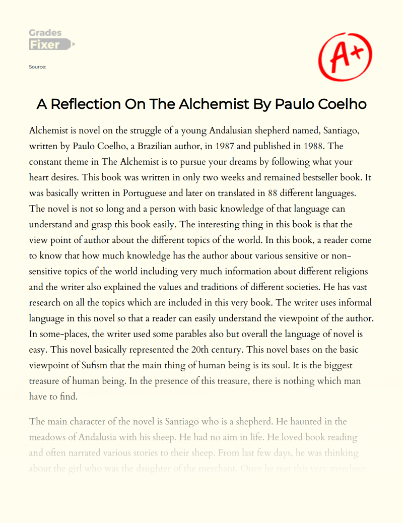 A Reflection on The Alchemist by Paulo Coelho Essay