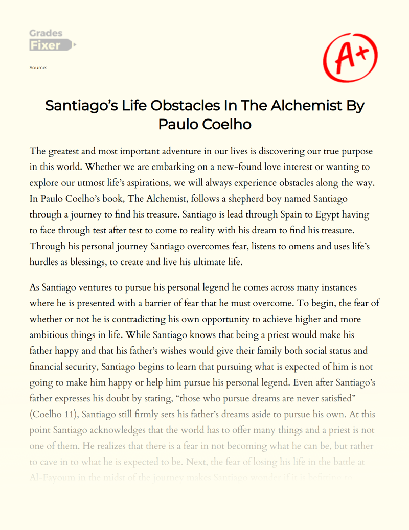 Santiago’s Life Obstacles in The Alchemist by Paulo Coelho Essay