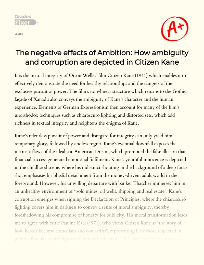 The Negative Effects of Ambition: How Ambiguity and Corruption Are Depicted in Citizen Kane essay