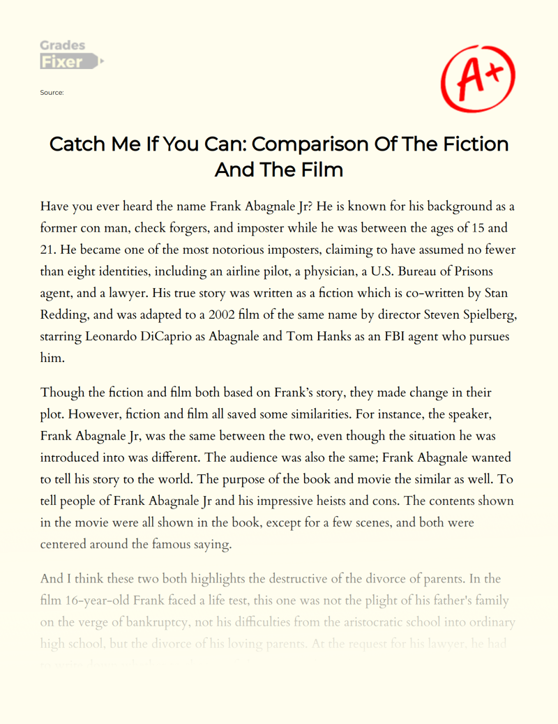Catch Me if You Can: Comparison of The Fiction and The Film Essay