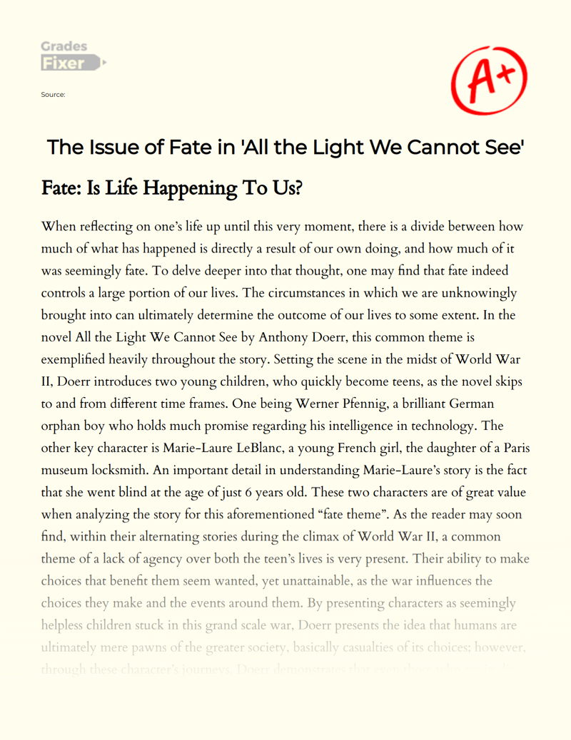 The Issue of Fate in 'All The Light We Cannot See' Essay