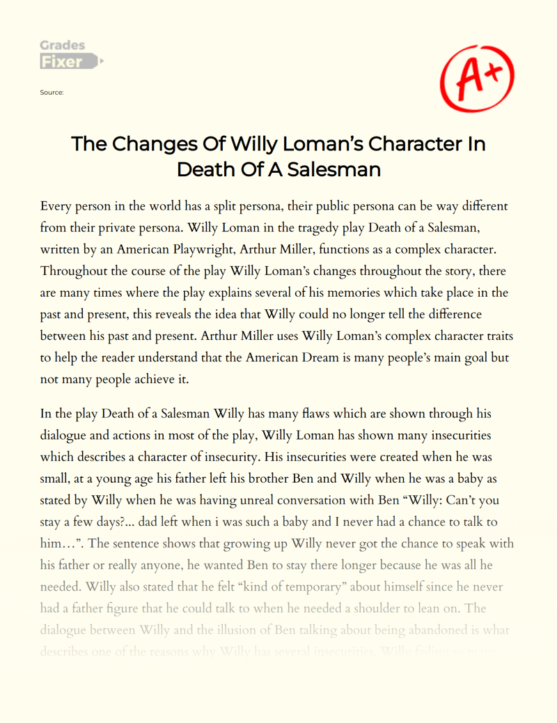 The Changes of Willy Loman’s Character in Death of a Salesman Essay