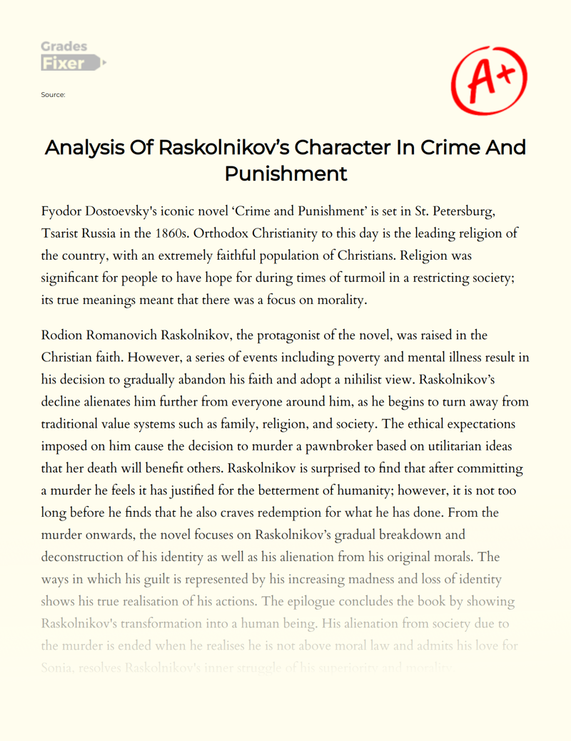 Analysis of Raskolnikov’s Character in Crime and Punishment Essay