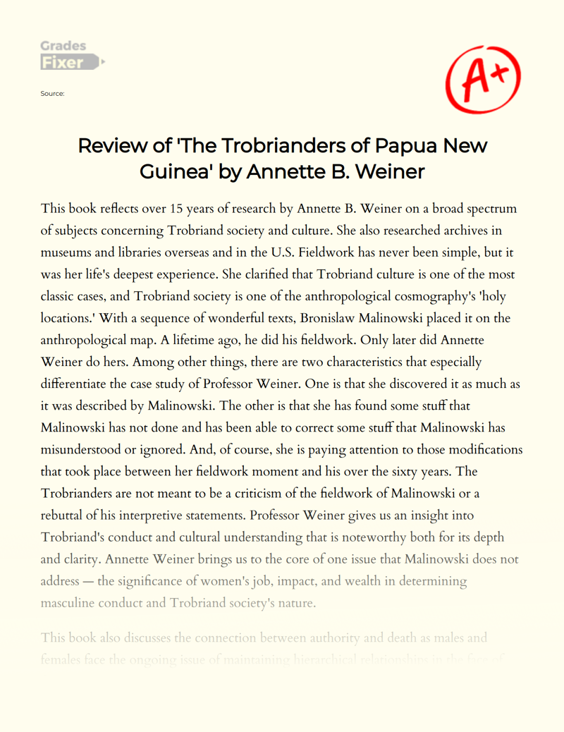 Review of 'The Trobrianders of Papua New Guinea' by Annette B. Weiner Essay