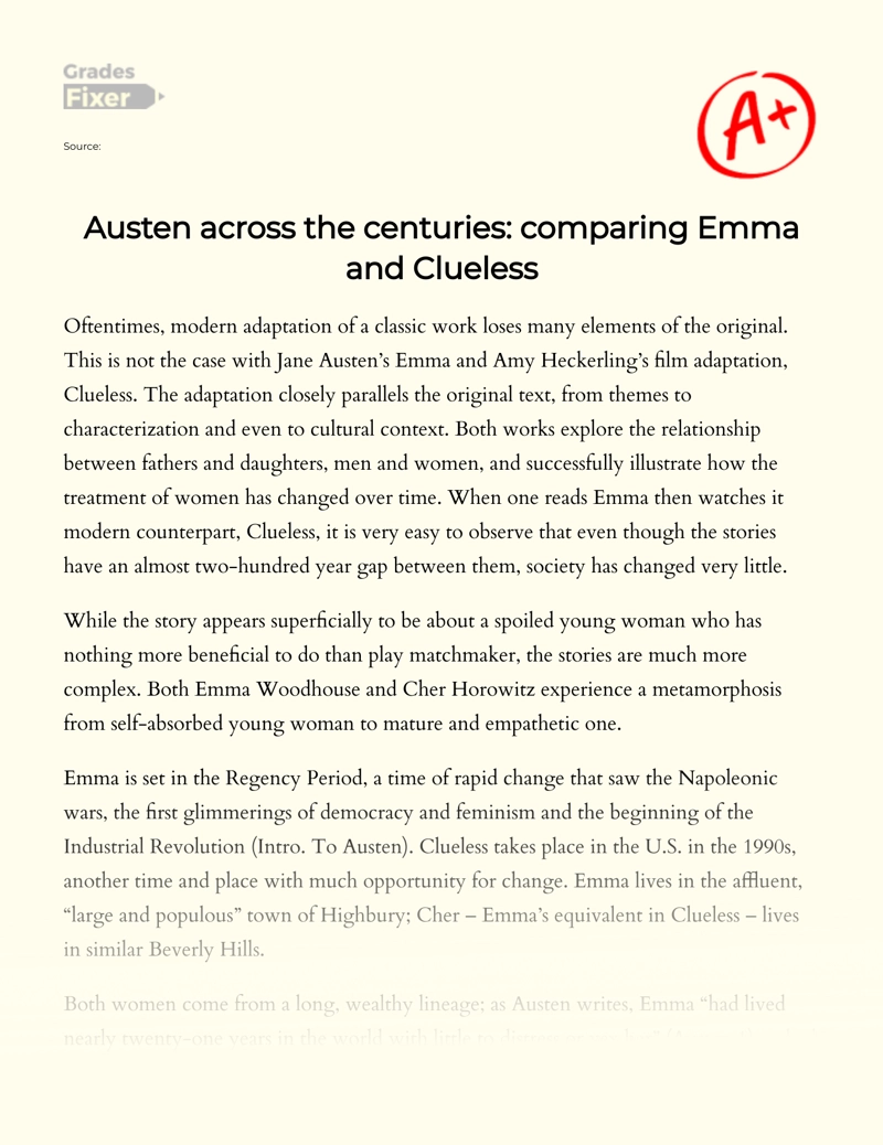 Austen Across The Centuries: Comparing Emma and Clueless essay
