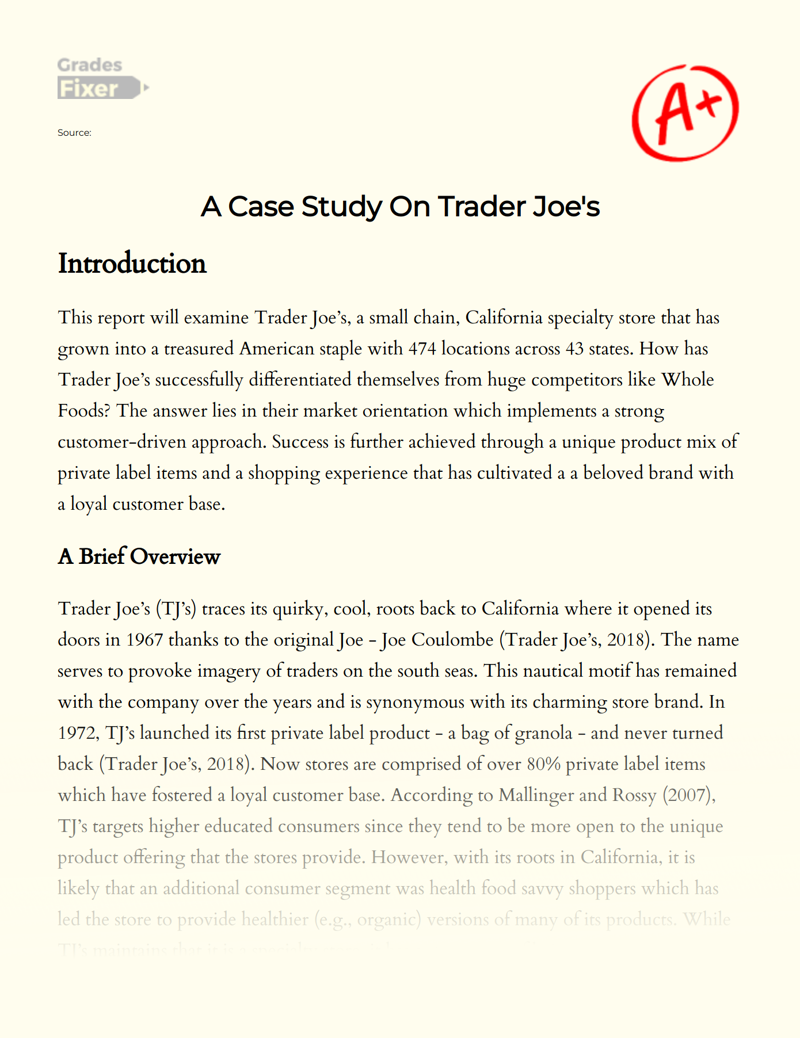 A Case Study on Trader Joe's Essay