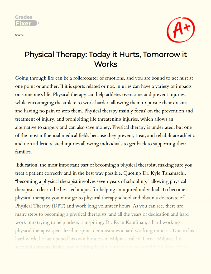 Physical Therapy: Today It Hurts, Tomorrow It Works Essay
