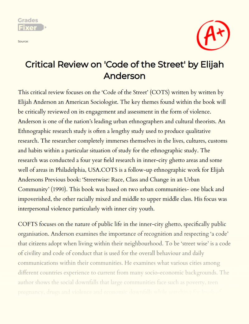 Critical Review on 'Code of The Street' by Elijah Anderson Essay