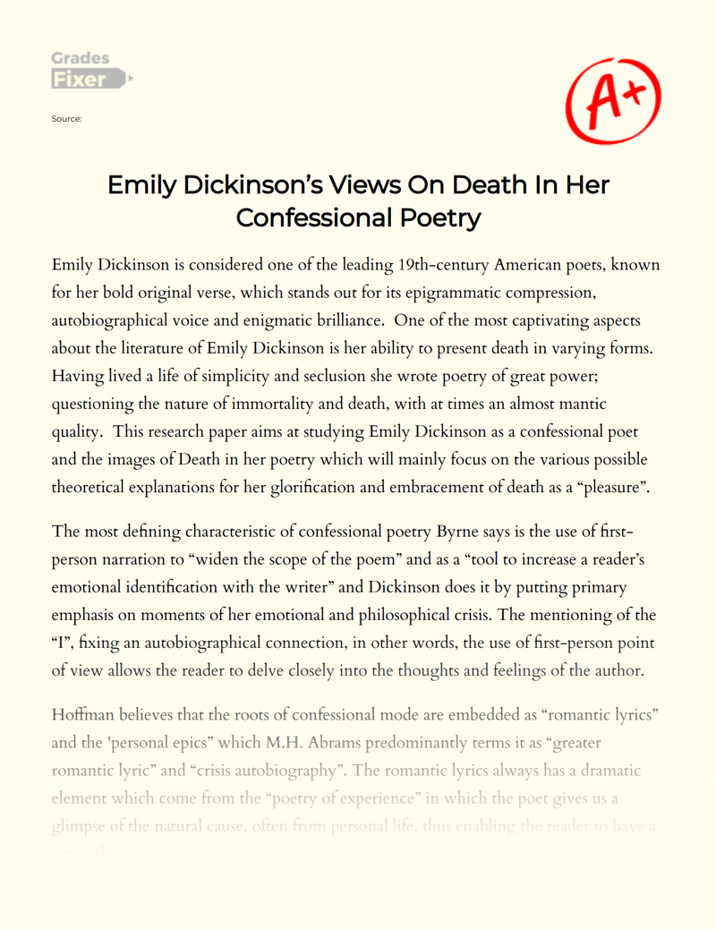 Emily Dickinson’s Views on Death in Her Confessional Poetry Essay