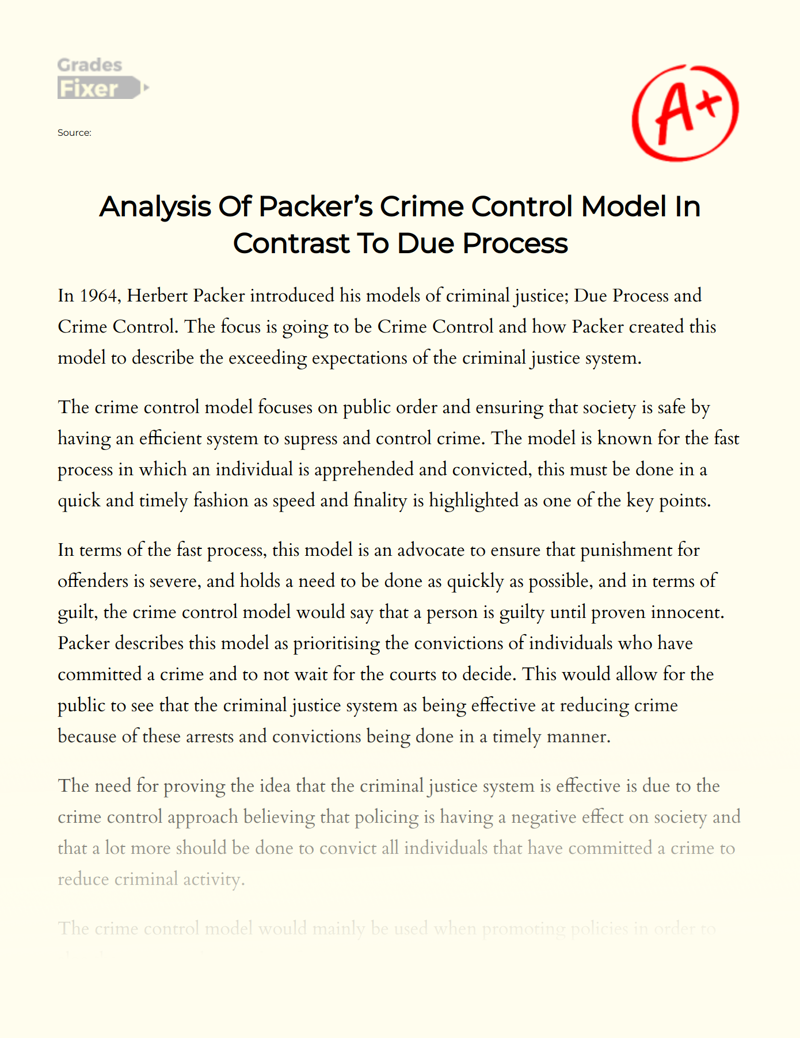 Analysis of Packer’s Crime Control Model in Contrast to Due Process Essay