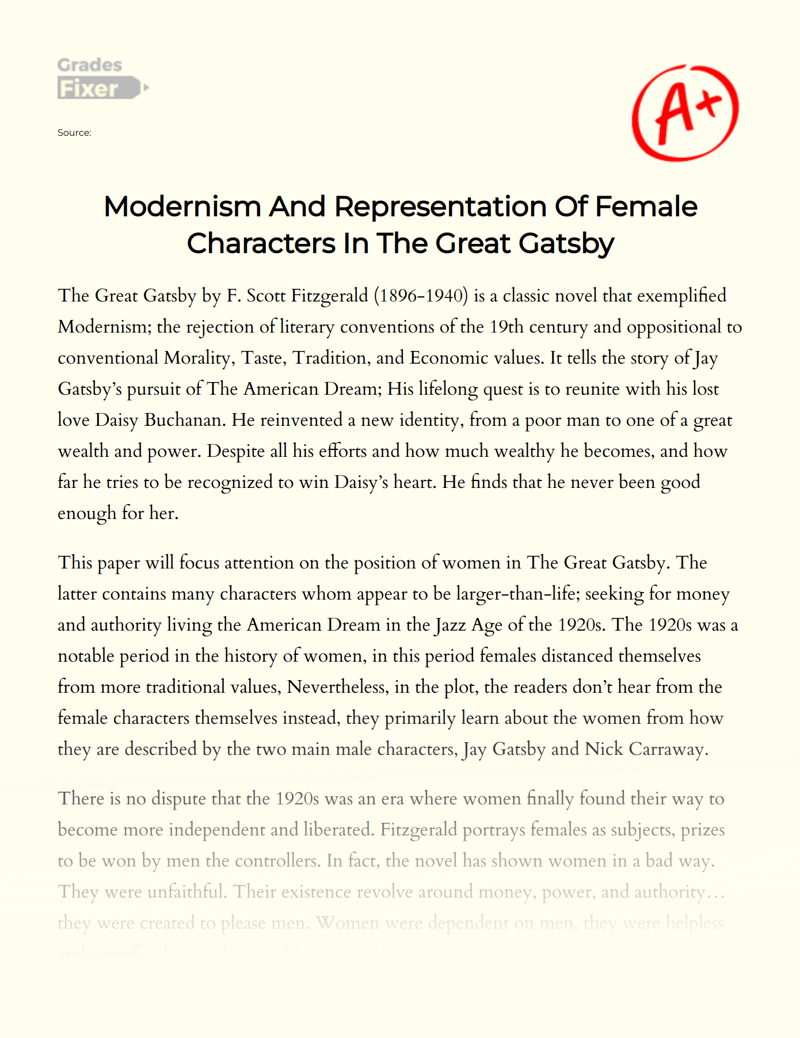 Modernism and Representation of Female Characters in The Great Gatsby Essay