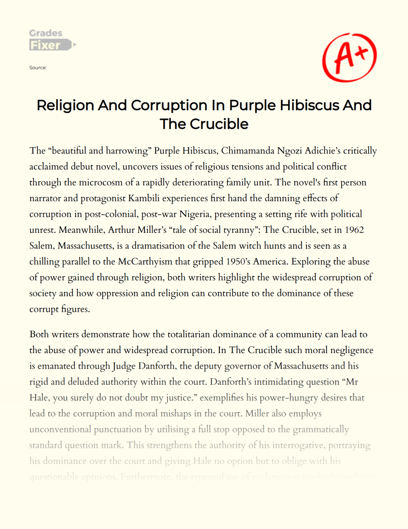 Religion and Corruption in Purple Hibiscus and The Crucible Essay