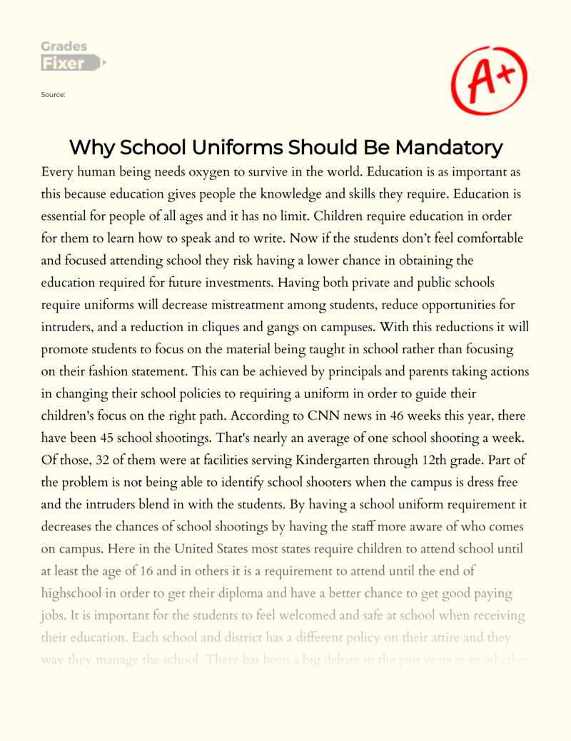 Why School Uniforms Should Be Mandatory Essay